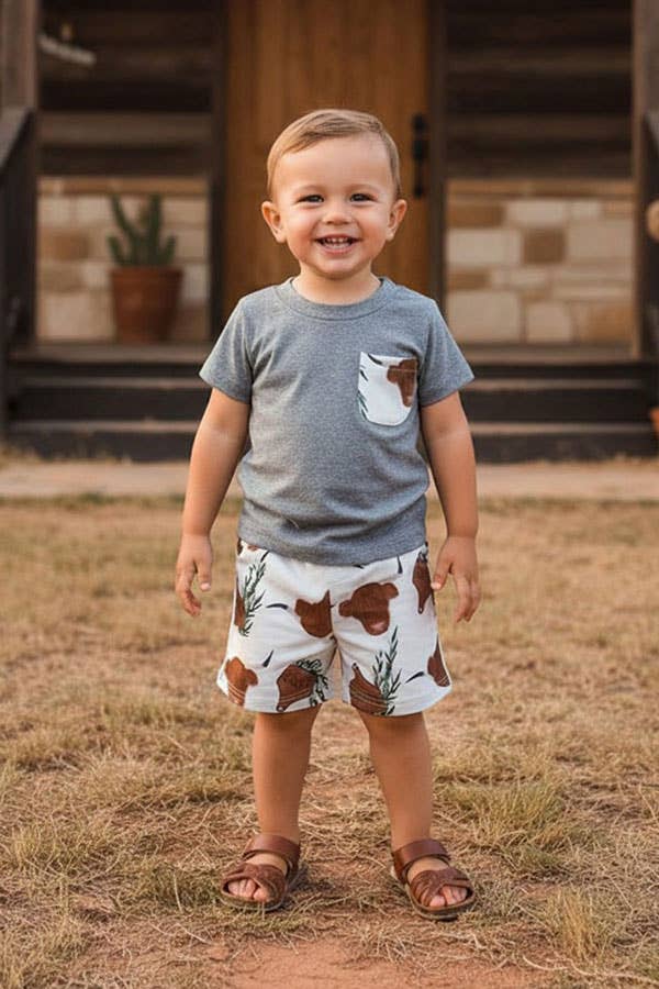 Western ranch grey top cow shorts boy boutique set 2601086M