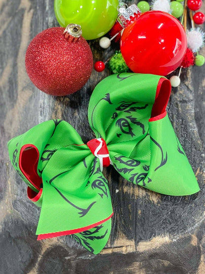 Mean Green Face XL Double Ribbon Bow