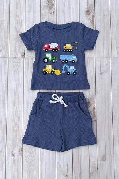 Western vehicle top & blue shorts boys boutique set