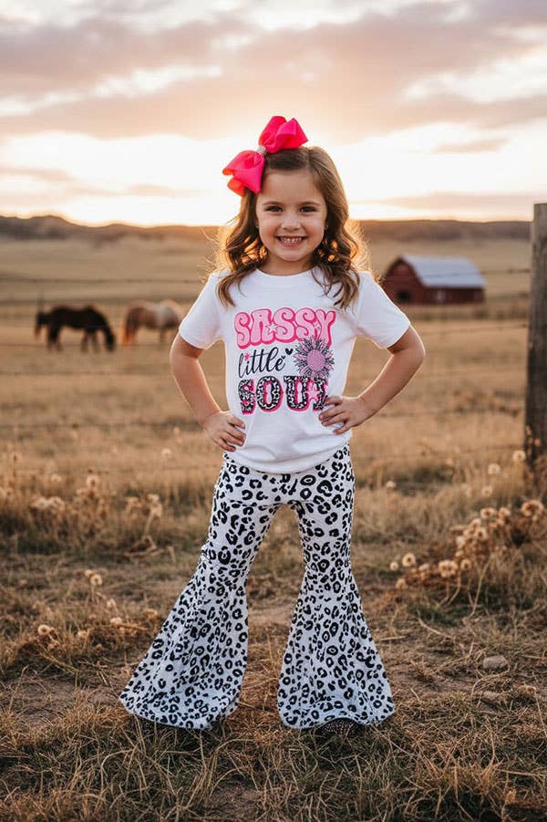 DLH2743 leopard printed denim bell bottom girls jeans