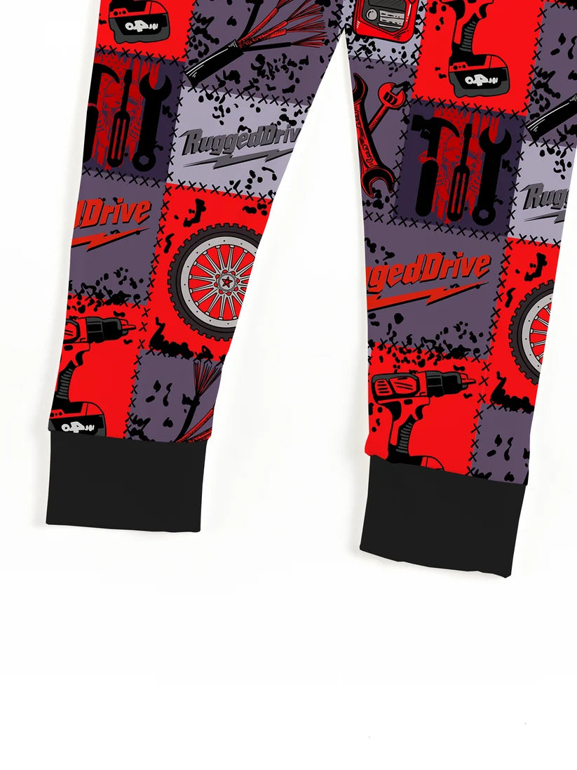 Red-Black Plaid Drive Wheels and Tools Game 2 Piece Pj Set