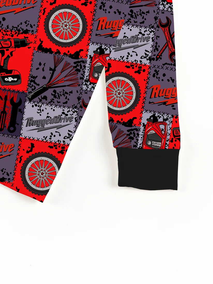Red-Black Plaid Drive Wheels and Tools Game 2 Piece Pj Set