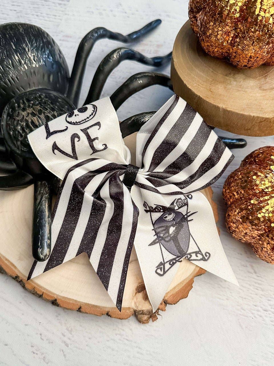 Spooky Halloween LOVE Glittery Striped Cheer Bow