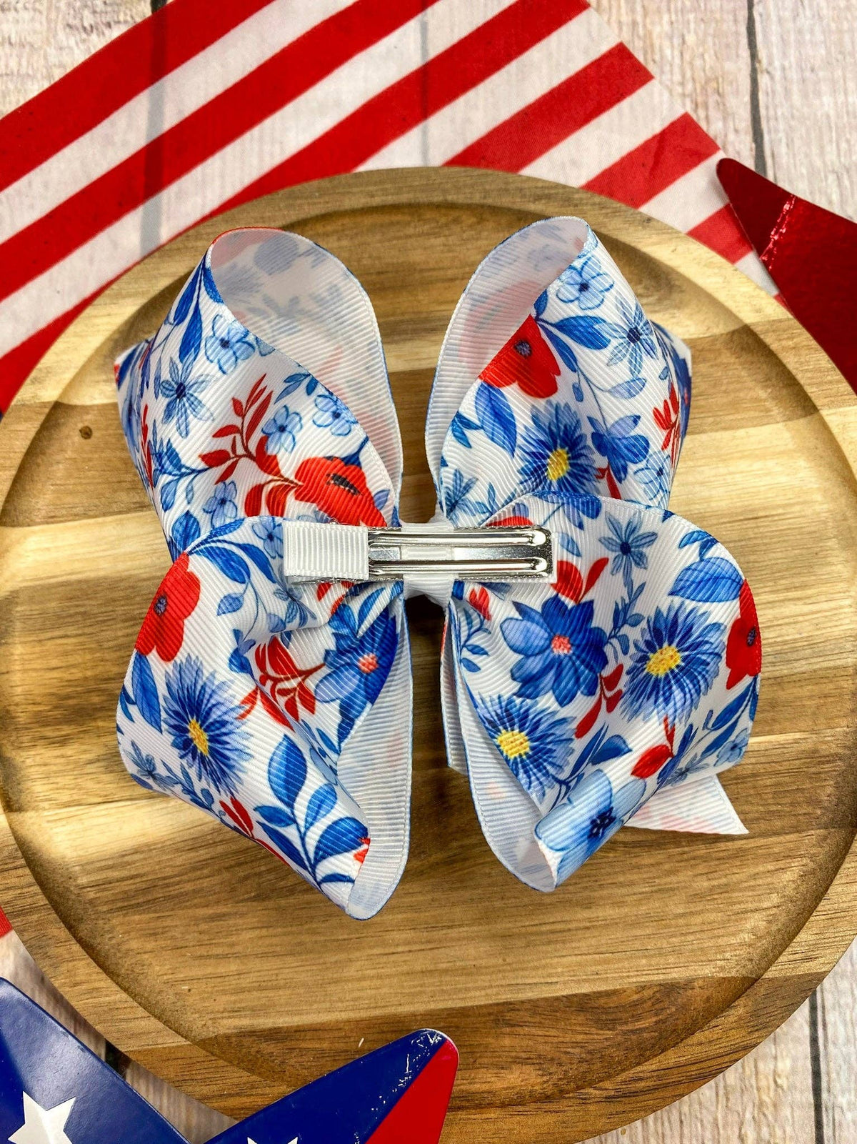 Red White & Blue Floral Classic Hair Bow | Clip or Headband