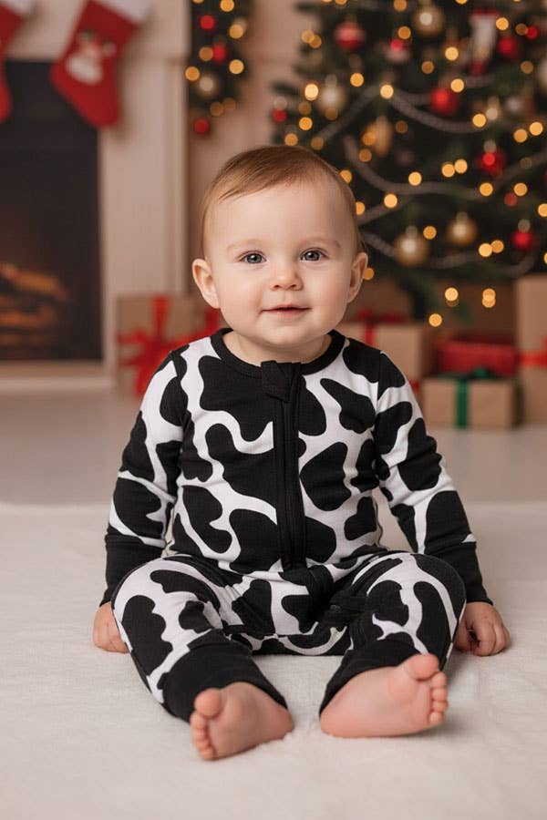 Bamboo cow printed long sleeve zipper baby romper DLH2885