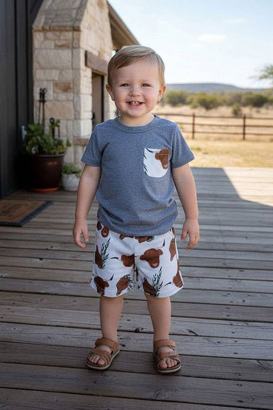 Western ranch grey top cow shorts boy boutique set
