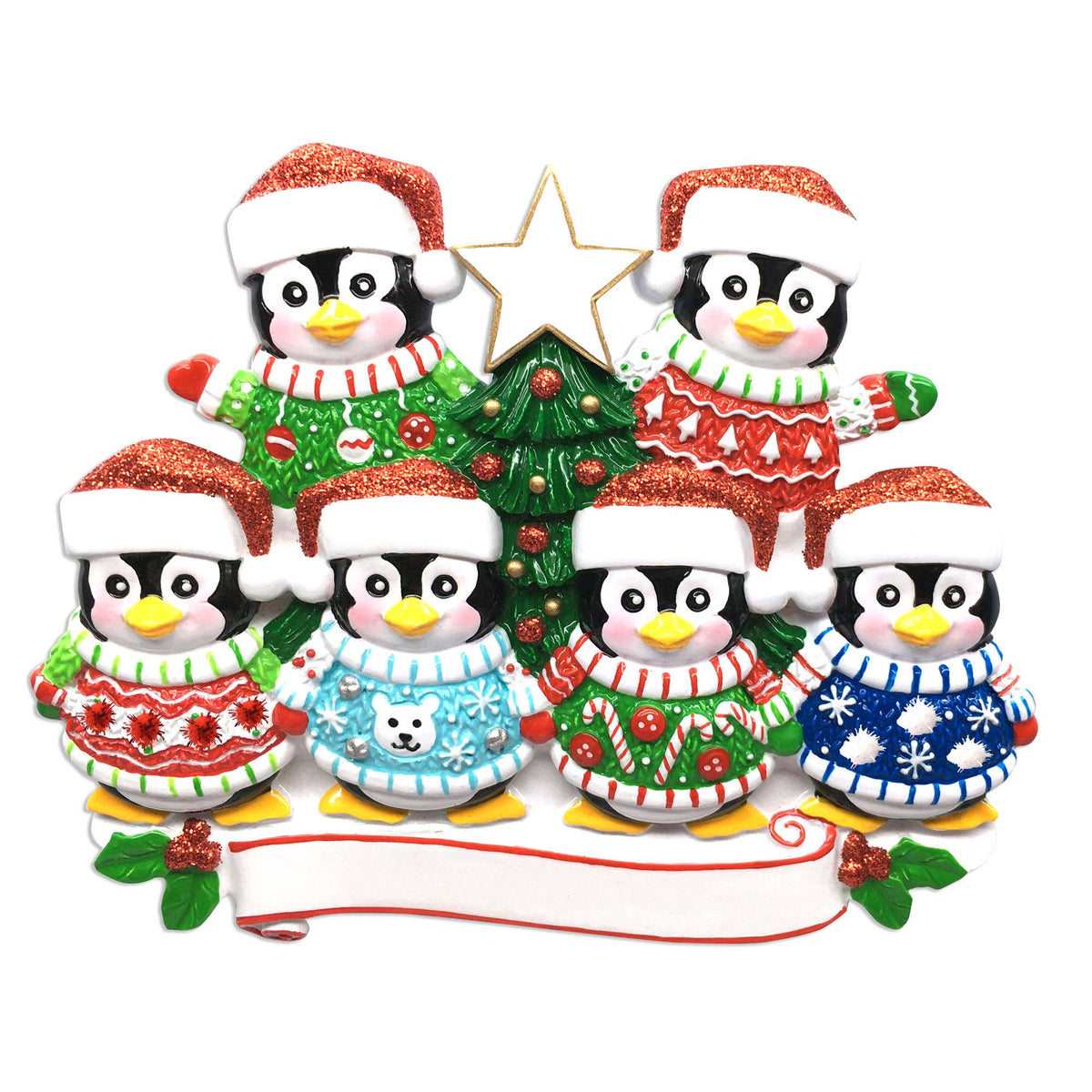 Ugly Sweater Penguin Family Personalized Ornament
