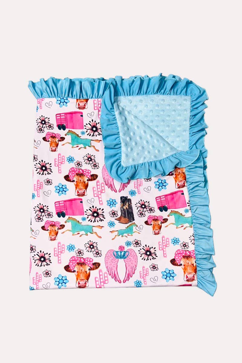 Light pink cow & jewels baby blanket with ruffles
