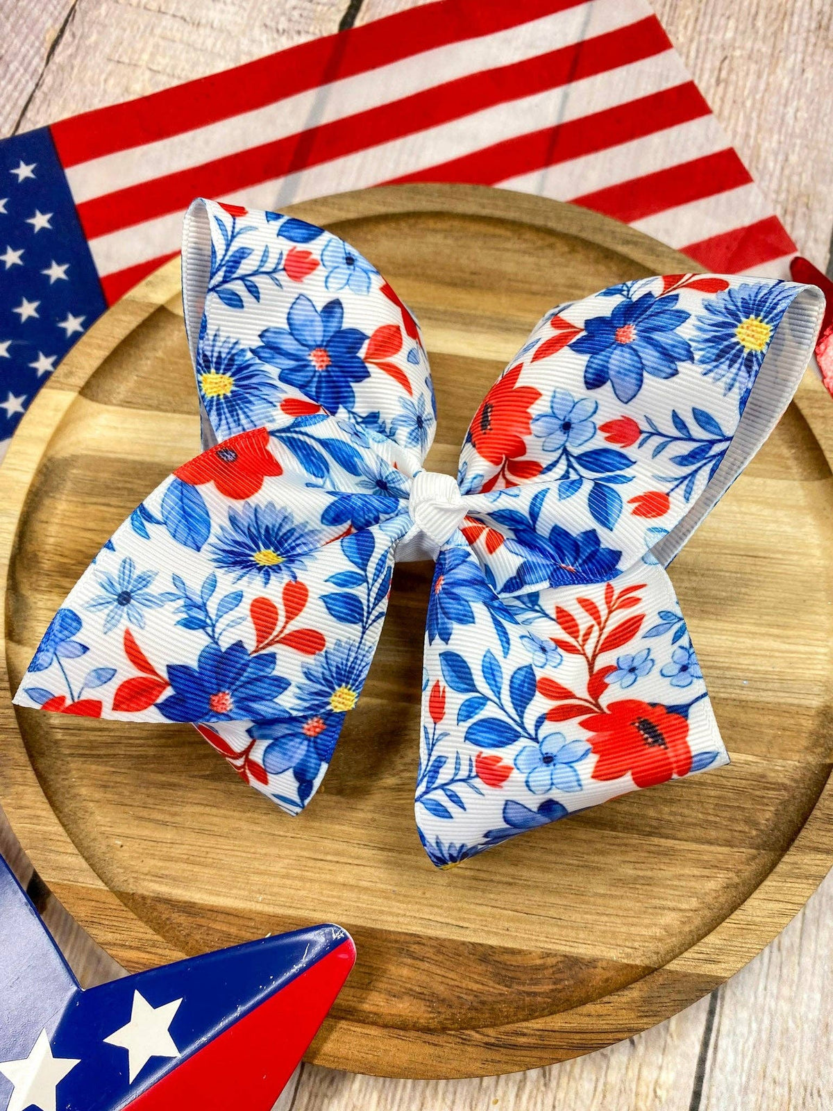 Red White & Blue Floral Classic Hair Bow | Clip or Headband
