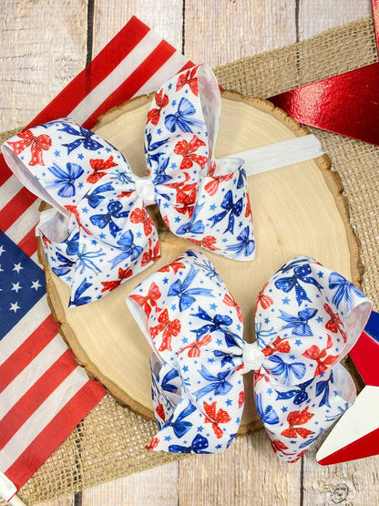 Red White & Blue Bow Print Classic Hair Bow | Clip or Headband