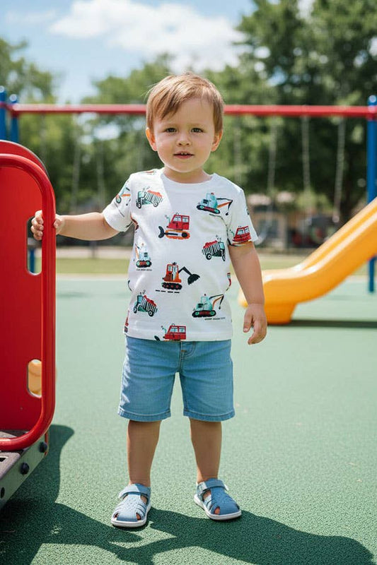 Construction vehicle white boy's t-shirt