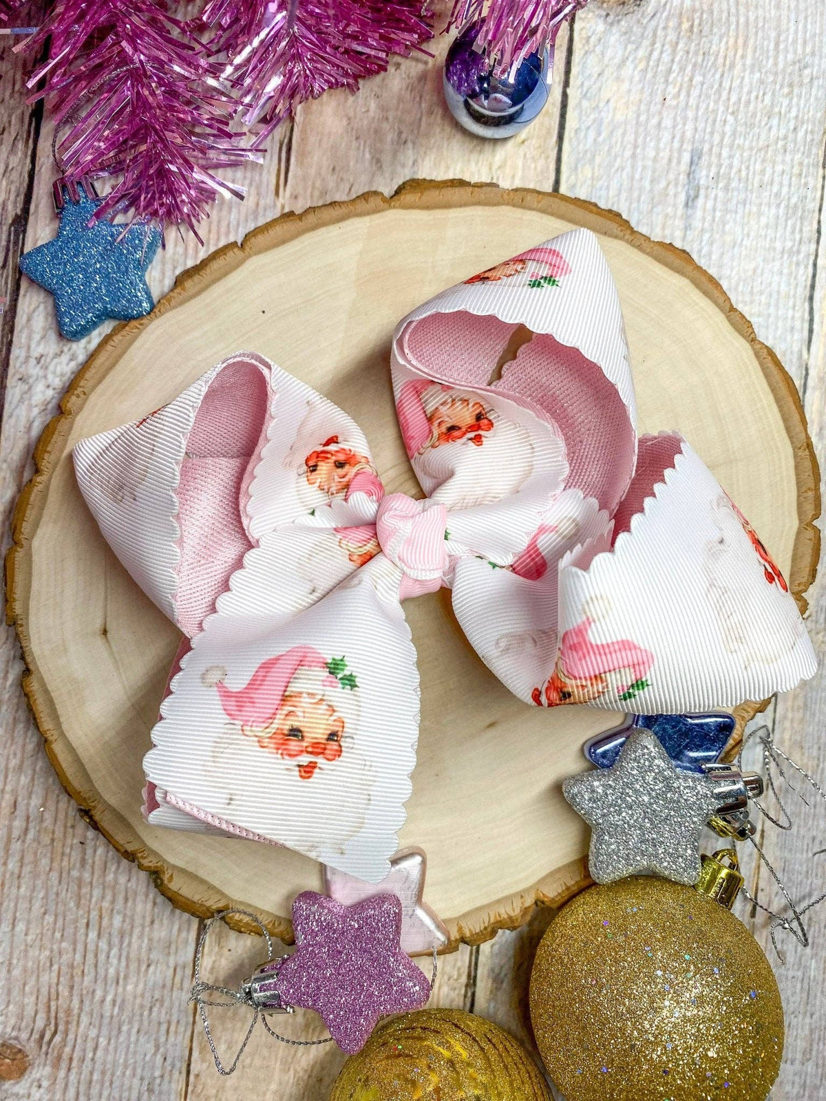 Scalloped Santa Print Glitter Hair Bow in Pink