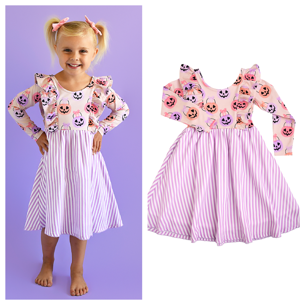 Emmy RUFFLE LONG SLEEVE DRESS Halloween Pumpkins Kids Outfit