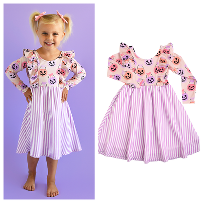 Emmy RUFFLE LONG SLEEVE DRESS Halloween Pumpkins Kids Outfit
