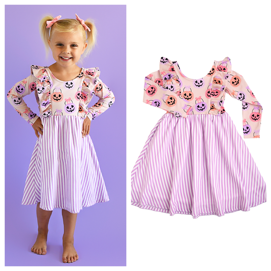 Emmy RUFFLE LONG SLEEVE DRESS Halloween Pumpkins Kids Outfit