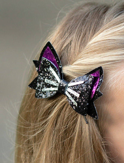 Black Cat Glittery Bow Clippie | Halloween Clippie