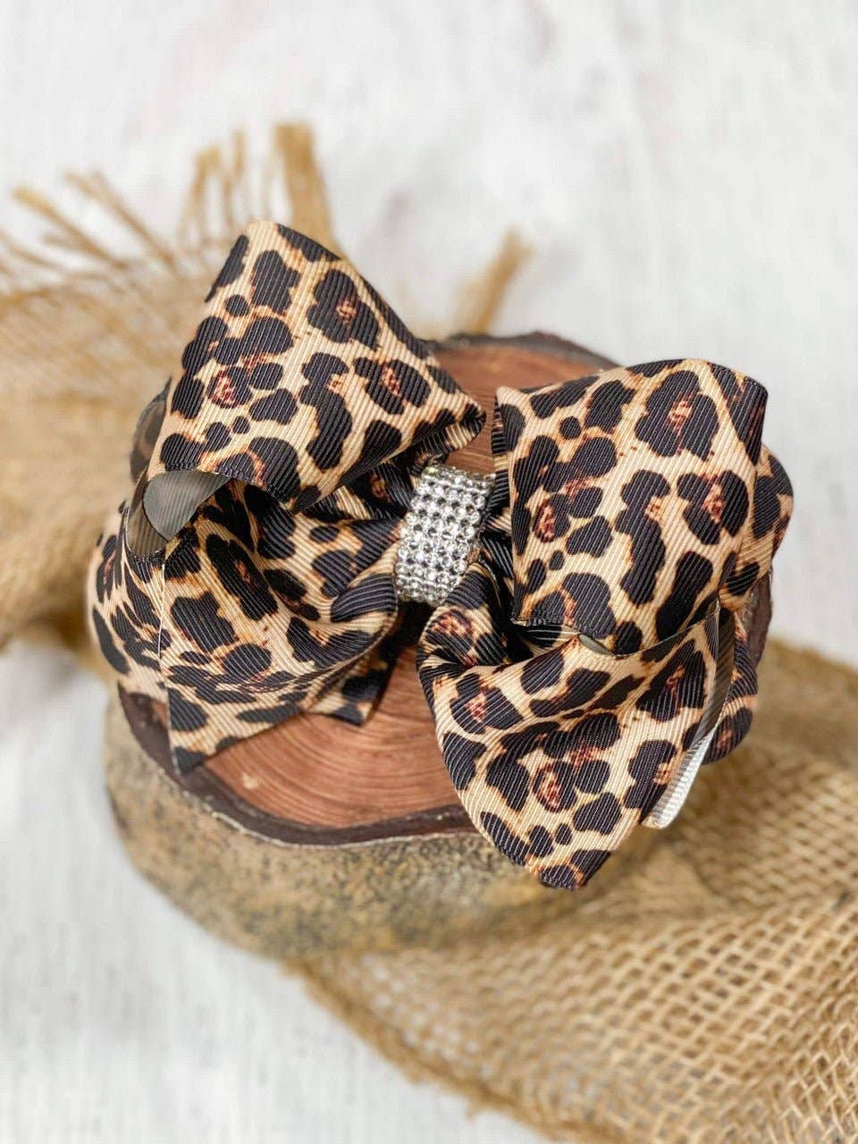 Animal Print Rhinestone Center Hair Bow - Alligator Clip - 4"