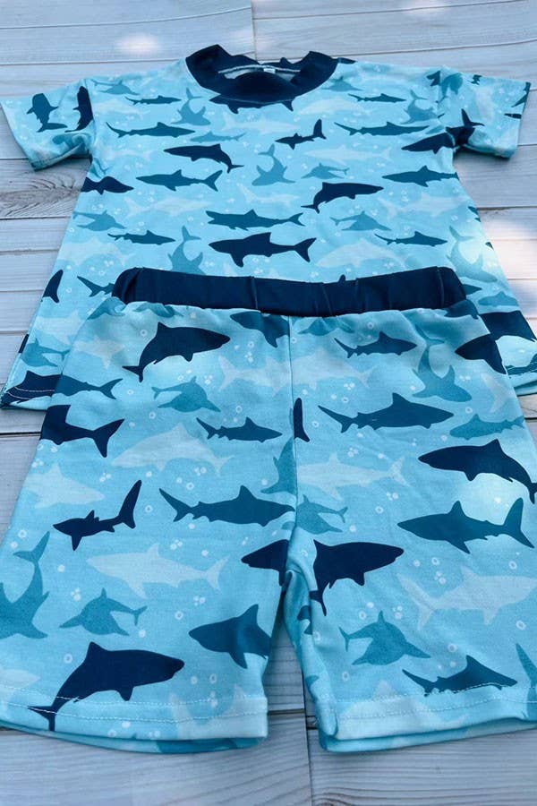 Western shark print top & shorts boy's boutique sets DLH2864