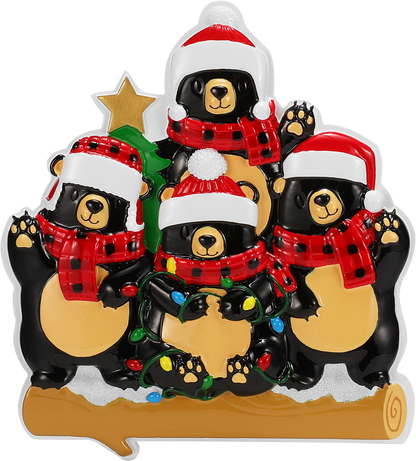 Bear Family in Scarves & Santa Hats Personalized Ornament
