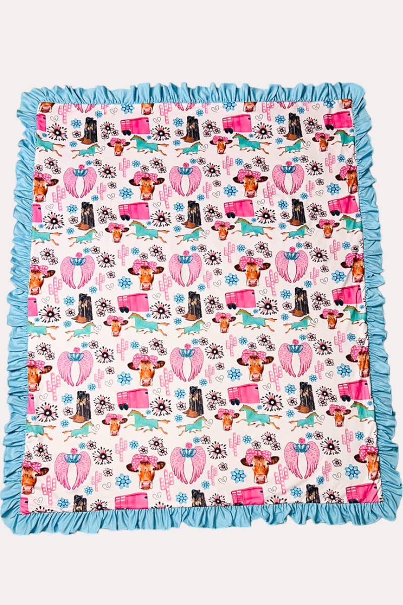 Light pink cow & jewels baby blanket with ruffles