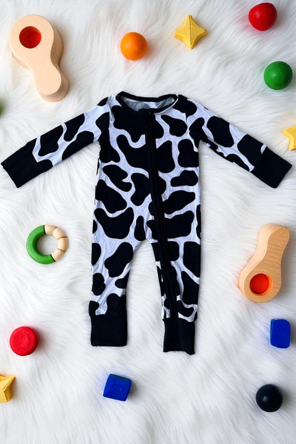 Bamboo cow printed long sleeve zipper baby romper DLH2885