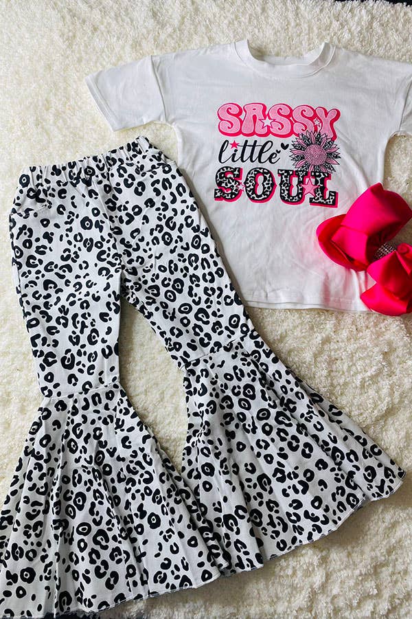 DLH2743 leopard printed denim bell bottom girls jeans