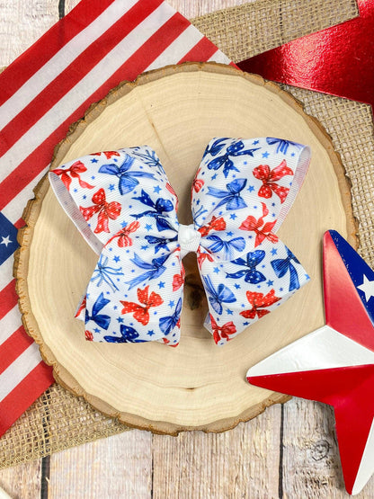 Red White & Blue Bow Print Classic Hair Bow | Clip or Headband