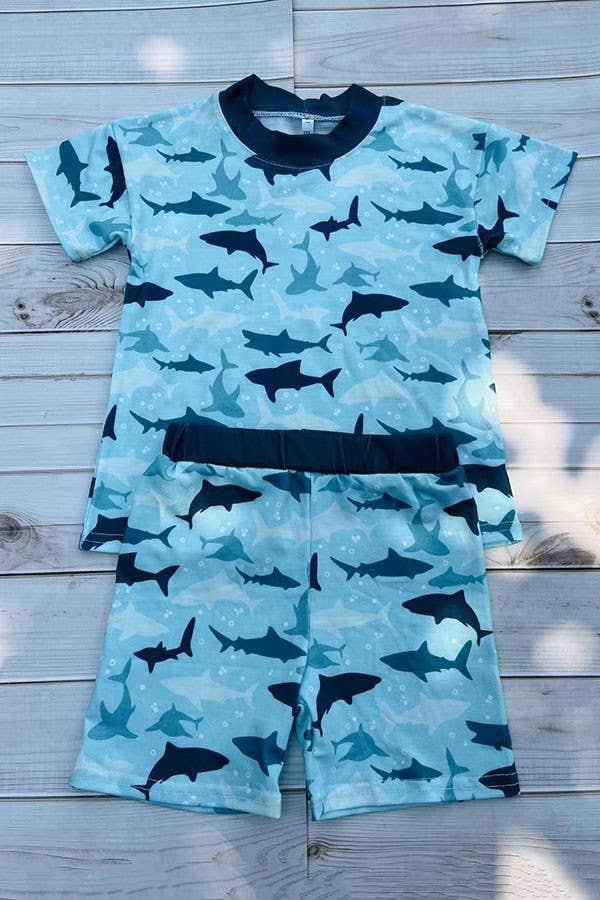Western shark print top & shorts boy's boutique sets DLH2864