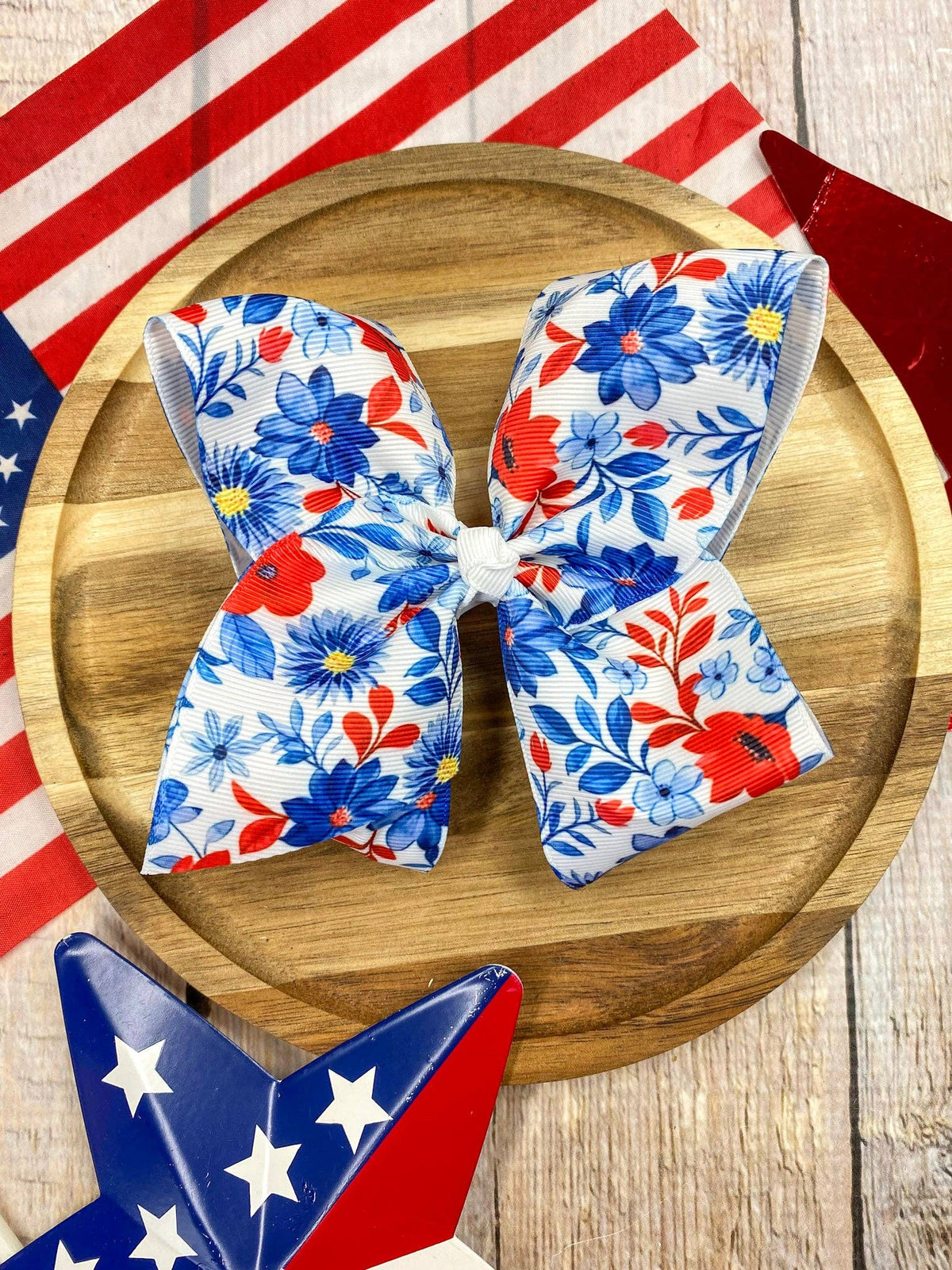 Red White & Blue Floral Classic Hair Bow | Clip or Headband