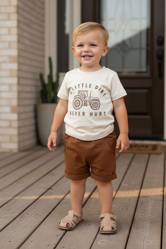 Western tractor cream top shorts boy's boutique set 2601076M