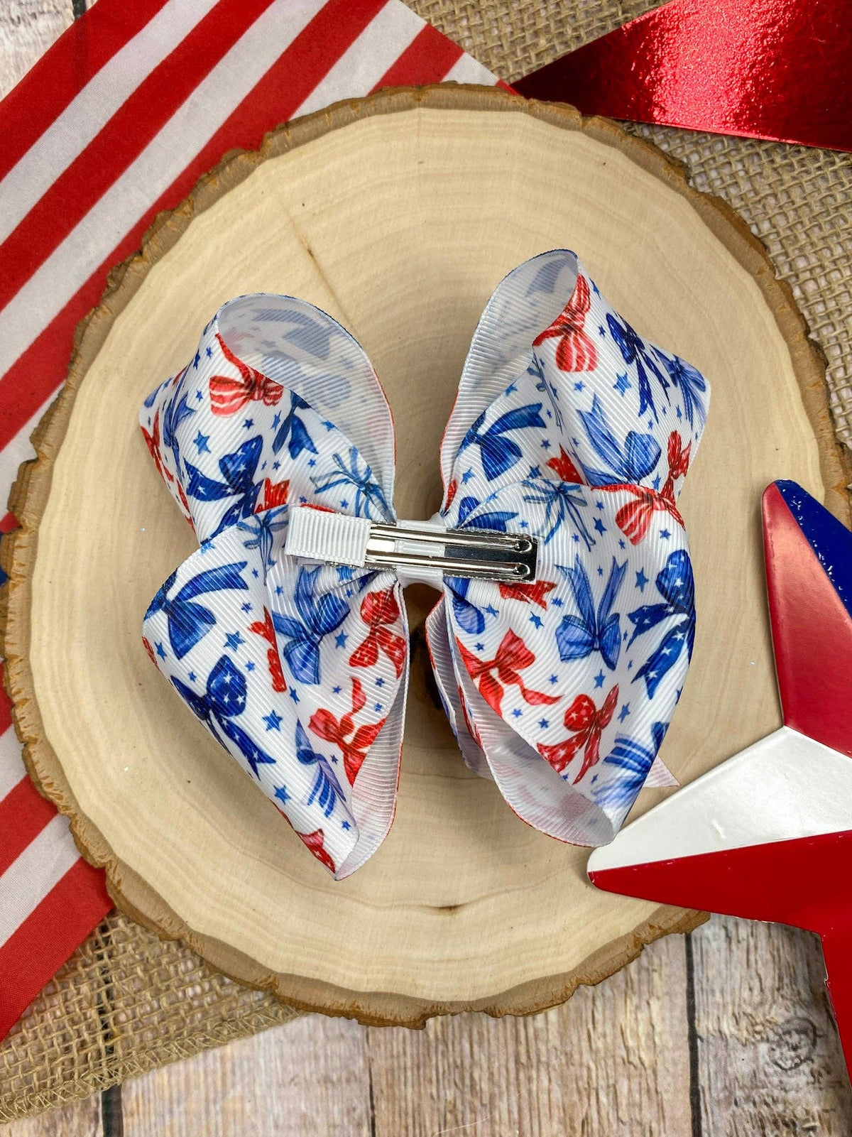 Red White & Blue Bow Print Classic Hair Bow | Clip or Headband