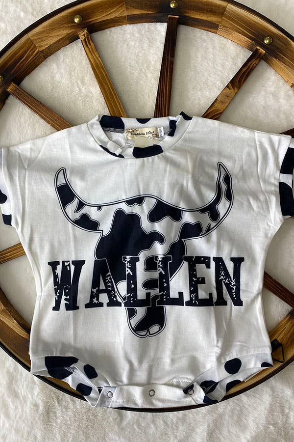 XCH0014-9H WALLEN & cow print bull skull white baby onesie