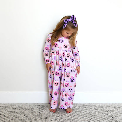 Emmy WIDE LEG ROMPER Bamboo Halloween Pumpkins Kids Outfit