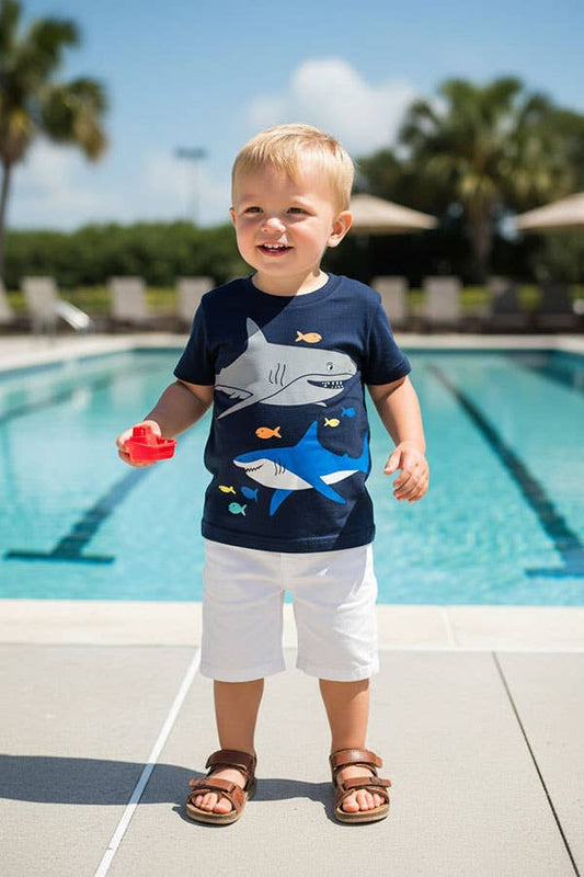 Shark printed black short sleeve boy's top