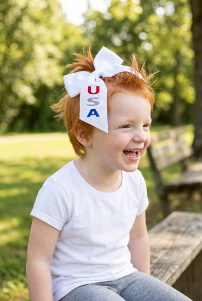 USA Embroidered Longtail Hair Bow | Clip Only