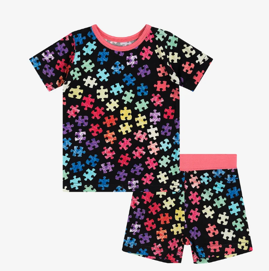 Multicolor Puzzle Print Bamboo Pajama Short Set