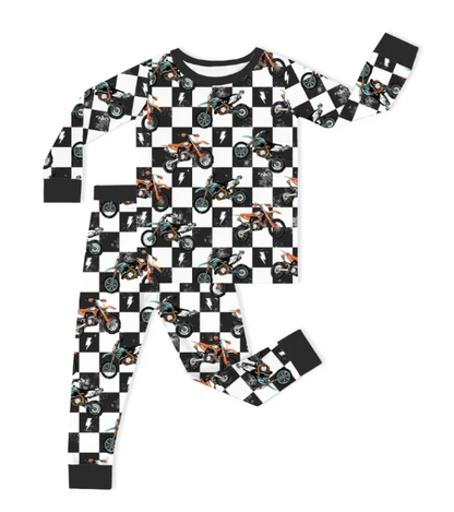 Black-White Checkered Motorcycle and lightning Bamboo Two-Piece Pajama Set