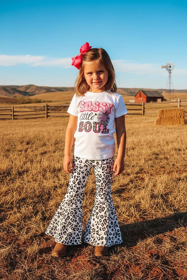 DLH2743 leopard printed denim bell bottom girls jeans