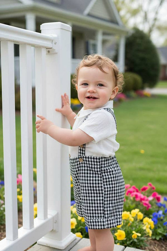 White onesie & suspender shorts & bow tie boy's set