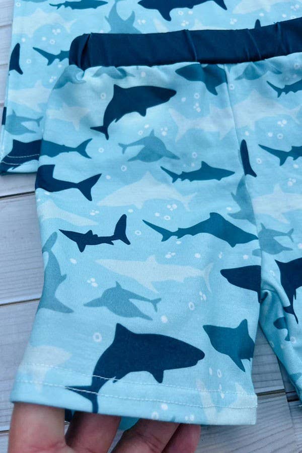 Western shark print top & shorts boy's boutique sets DLH2864