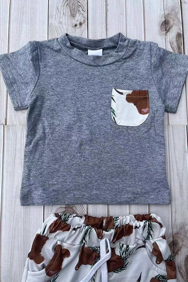 Western ranch grey top cow shorts boy boutique set 2601086M