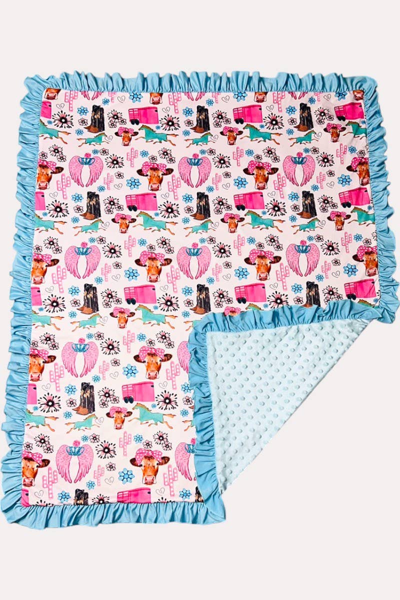 Light pink cow & jewels baby blanket with ruffles