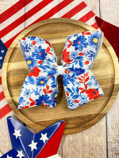 Red White & Blue Floral Classic Hair Bow | Clip or Headband