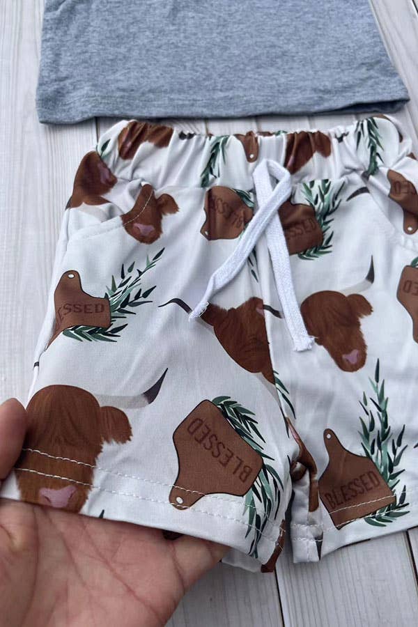 Western ranch grey top cow shorts boy boutique set 2601086M