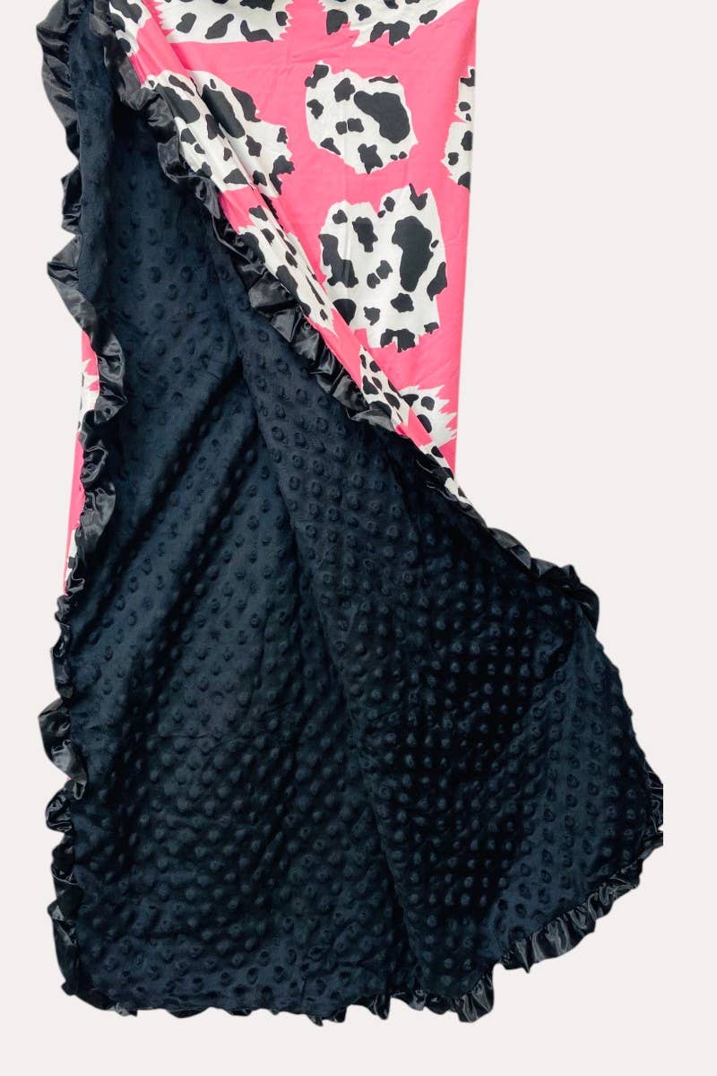 Leopard printed ruffle reversible minky baby banket