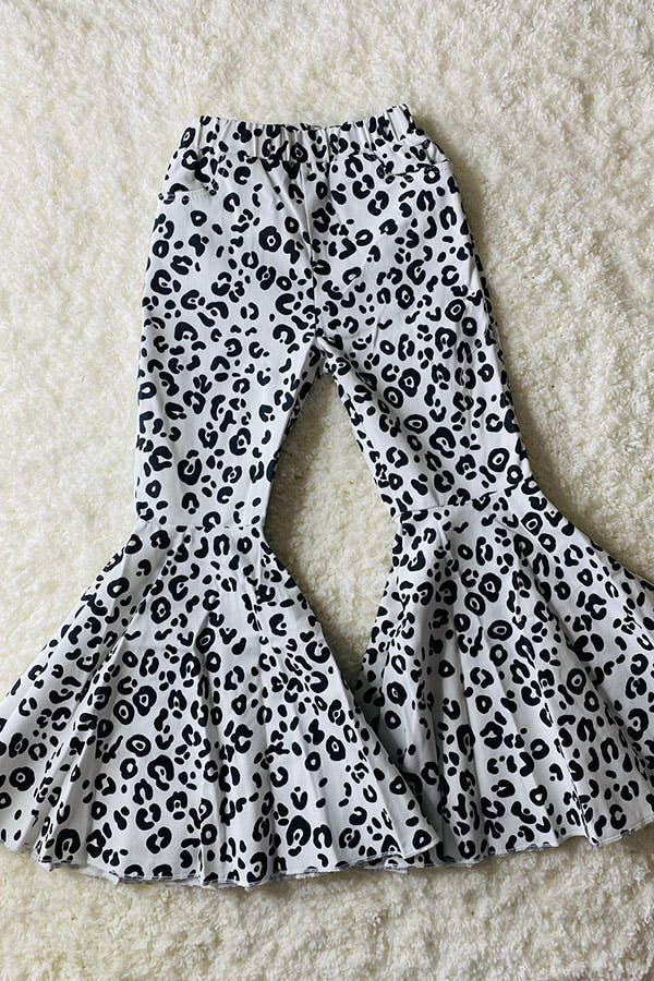 DLH2743 leopard printed denim bell bottom girls jeans
