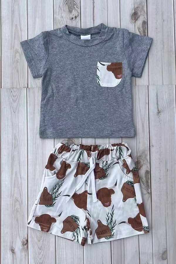 Western ranch grey top cow shorts boy boutique set 2601086M