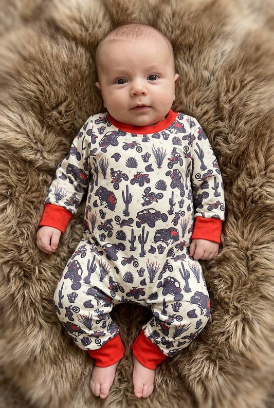 Desert Car printed baby romper with snaps. LR0505-3-SOL