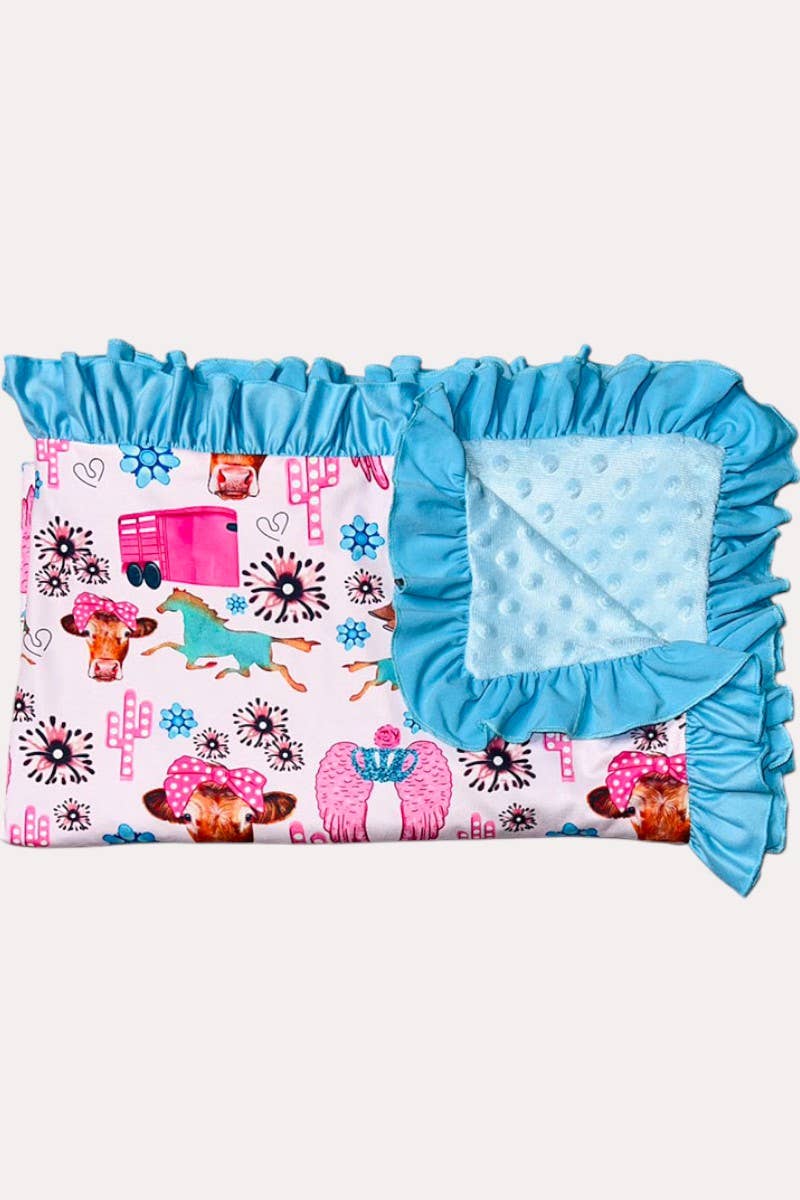 Light pink cow & jewels baby blanket with ruffles