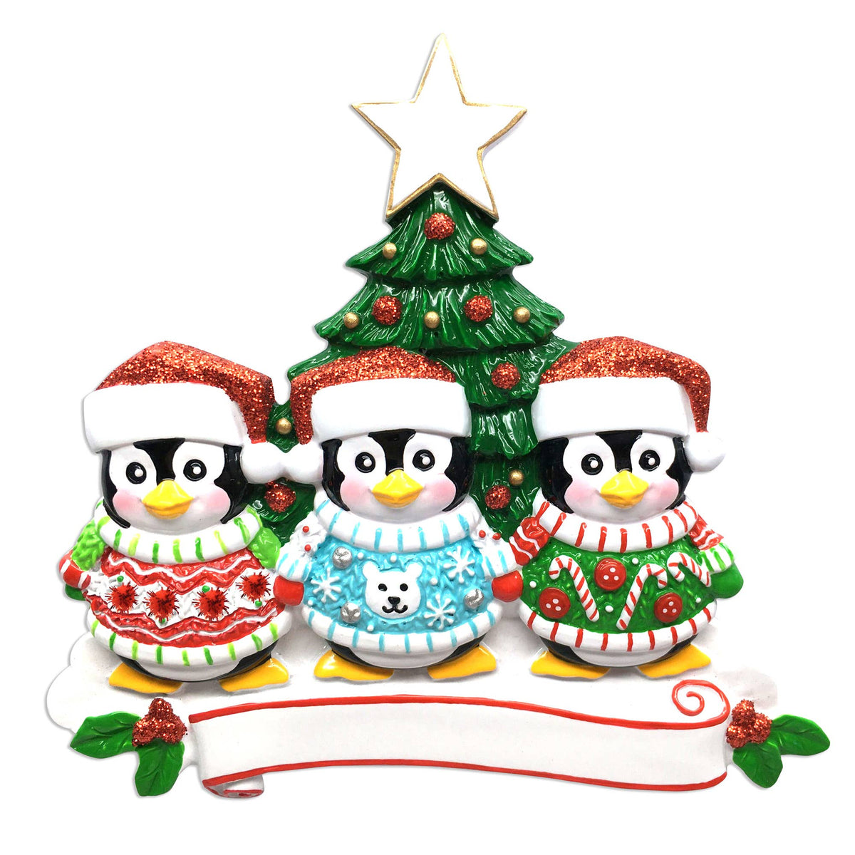 Ugly Sweater Penguin Family Personalized Ornament